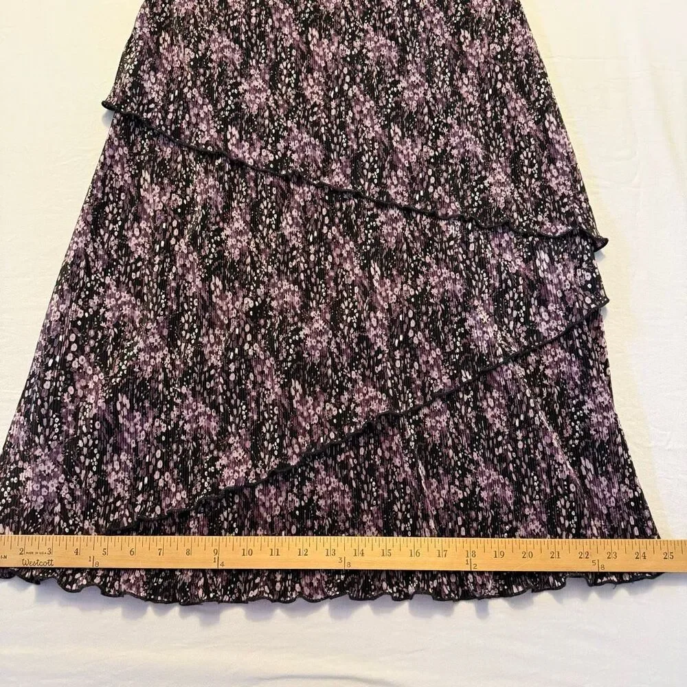 Connected Apparel Purple Abstract Tiered Dress | Pleated Midi | Size 10 NWT